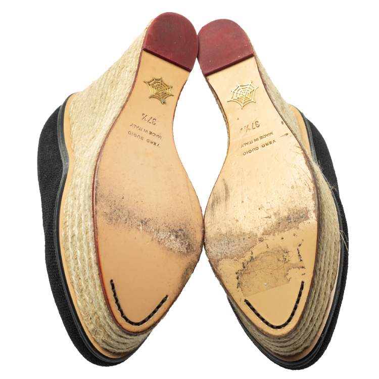 Pre Owned Charlotte Olympia Black Raffia Carmen Wedge Espadrilles Pumps Size 37.5