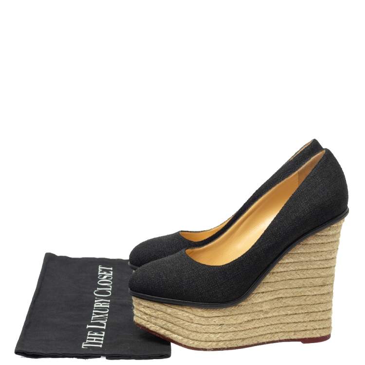 Pre Owned Charlotte Olympia Black Raffia Carmen Wedge Espadrilles Pumps Size 37.5