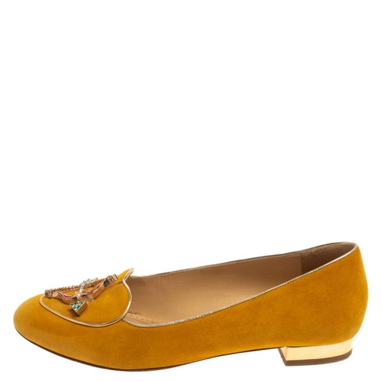 Pre Owned Charlotte Olympia Mustard Suede Zodiac Flats Size 38.5
