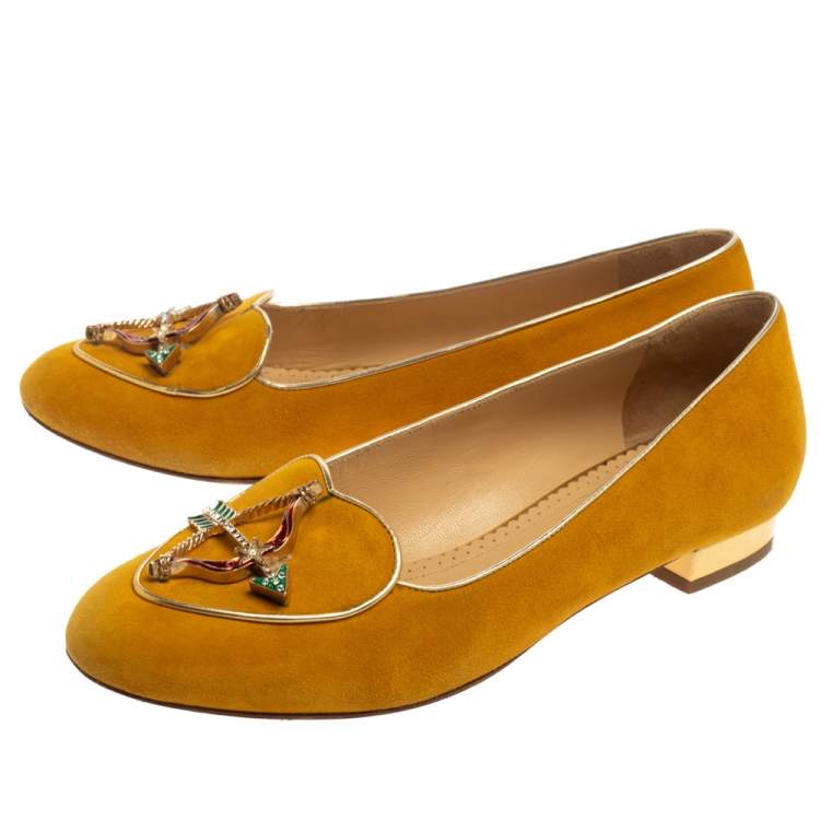 Pre Owned Charlotte Olympia Mustard Suede Zodiac Flats Size 38.5