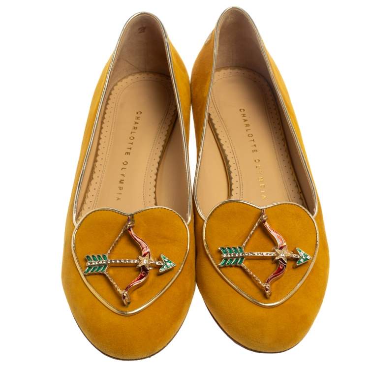 Pre Owned Charlotte Olympia Mustard Suede Zodiac Flats Size 38.5