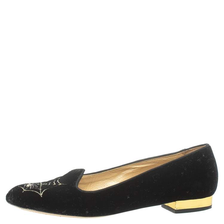 Pre Owned Charlotte Olympia Black Velvet Spider Embellished Smoking Loafers Size 38