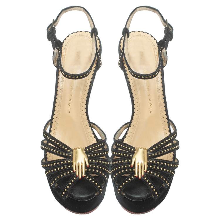 Pre Owned Charlotte Olympia Black Velvet Studed Ankle Strap Platform Sandals Size 37.5