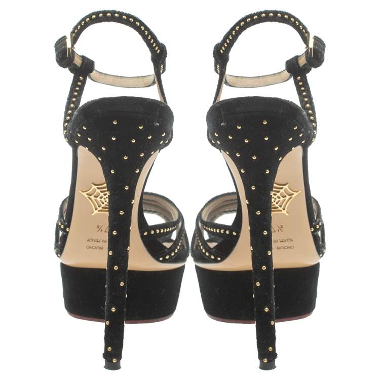 Pre Owned Charlotte Olympia Black Velvet Studed Ankle Strap Platform Sandals Size 37.5