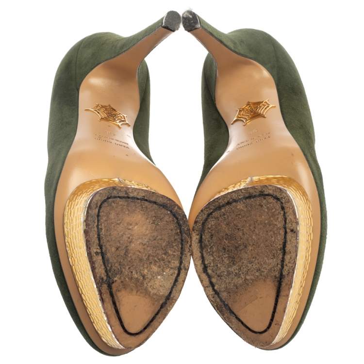 Pre Owned Charlotte Olympia Green Suede Dolly Platform Pumps Size 38