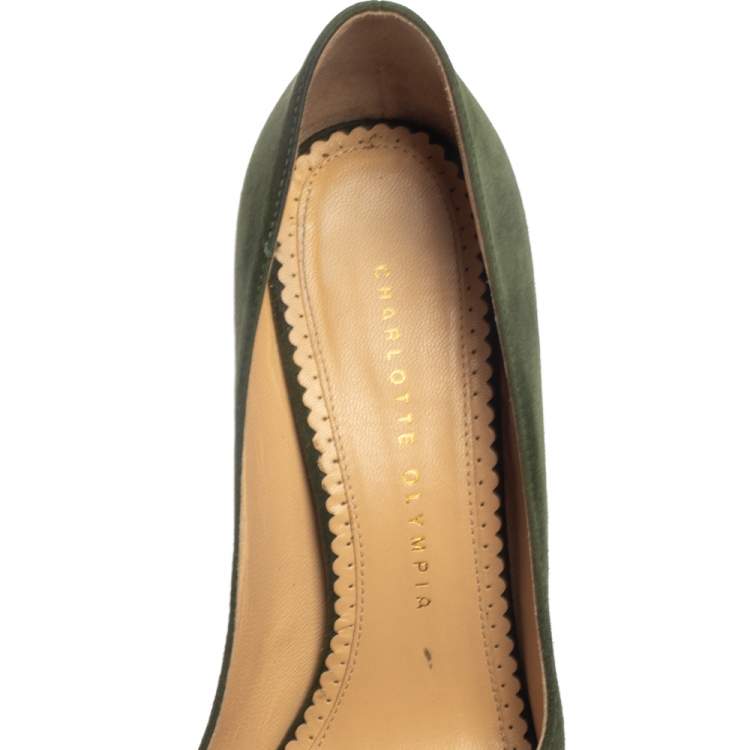 Pre Owned Charlotte Olympia Green Suede Dolly Platform Pumps Size 38