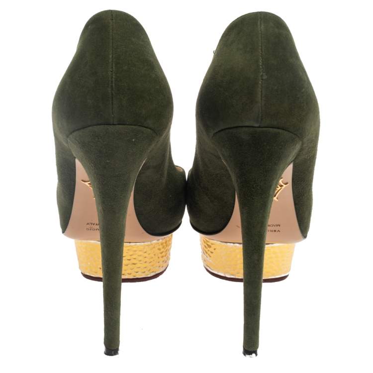 Pre Owned Charlotte Olympia Green Suede Dolly Platform Pumps Size 38