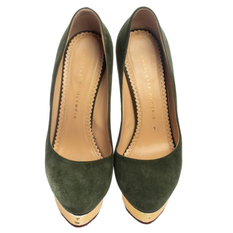Pre Owned Charlotte Olympia Green Suede Dolly Platform Pumps Size 38