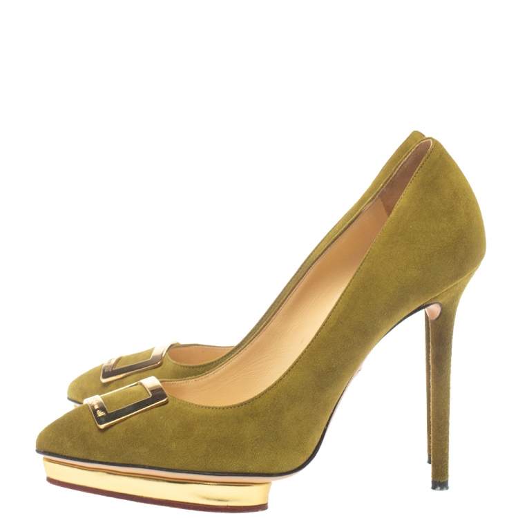 مملوكة مسبقًا Charlotte Olympia Green Suede Dotty Platform Pumps Size 37.5