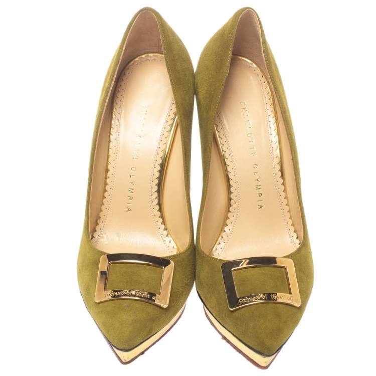 مملوكة مسبقًا Charlotte Olympia Green Suede Dotty Platform Pumps Size 37.5