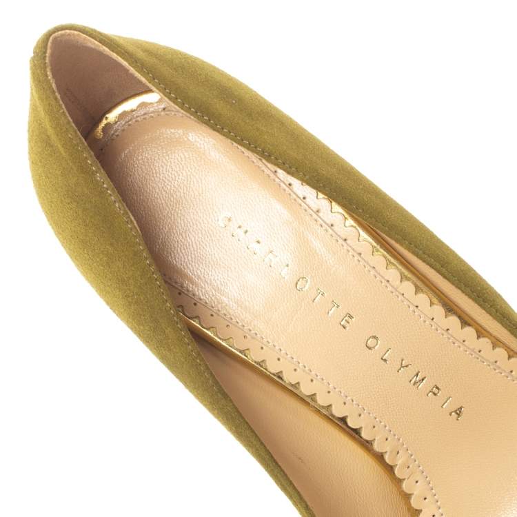 مملوكة مسبقًا Charlotte Olympia Green Suede Dotty Platform Pumps Size 37.5