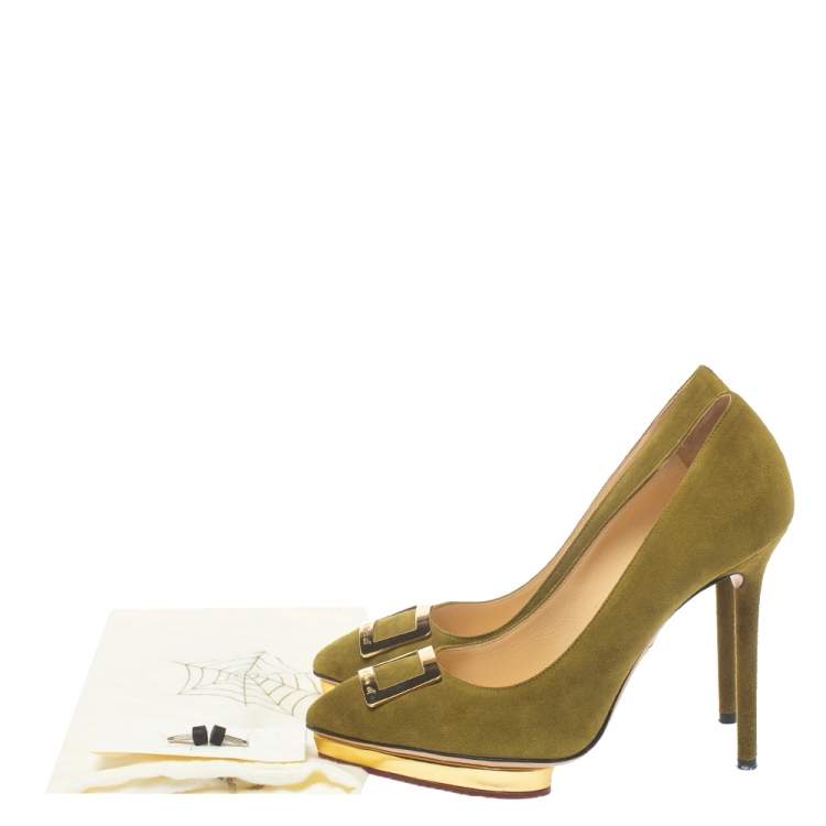 مملوكة مسبقًا Charlotte Olympia Green Suede Dotty Platform Pumps Size 37.5