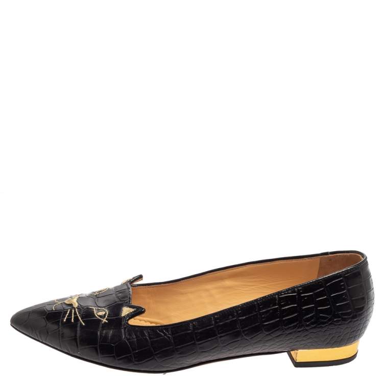 Pre Owned Charlotte Olympia Black Croc Embossed Leather Kitty Flats Size 41