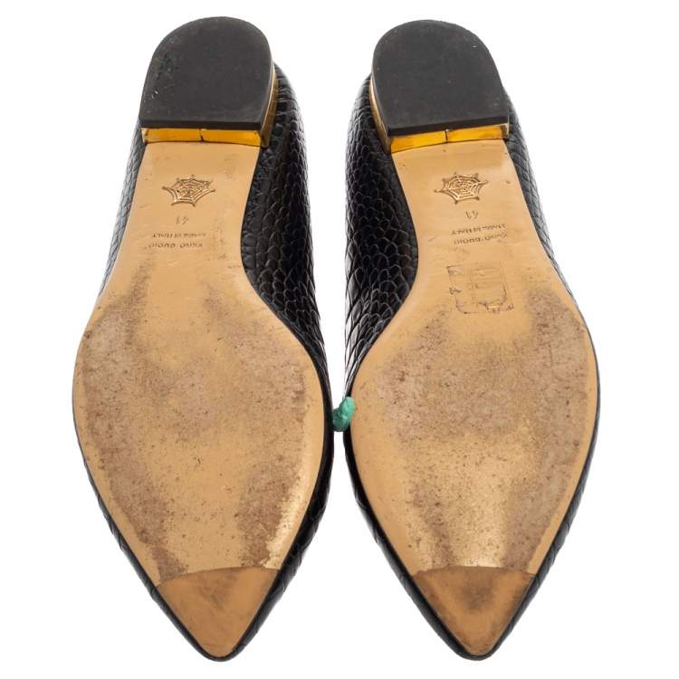 Pre Owned Charlotte Olympia Black Croc Embossed Leather Kitty Flats Size 41