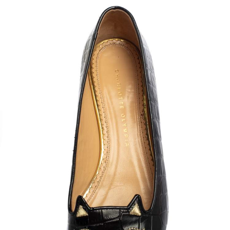 Pre Owned Charlotte Olympia Black Croc Embossed Leather Kitty Flats Size 41