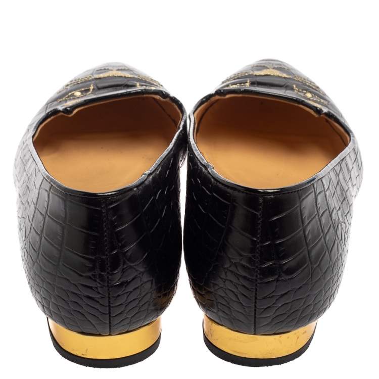 Pre Owned Charlotte Olympia Black Croc Embossed Leather Kitty Flats Size 41