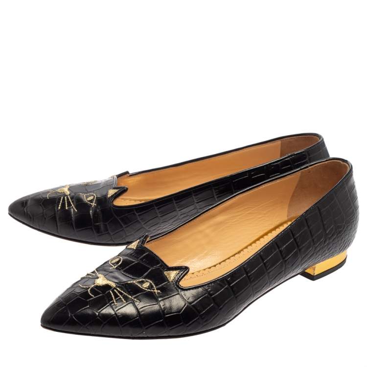 Pre Owned Charlotte Olympia Black Croc Embossed Leather Kitty Flats Size 41