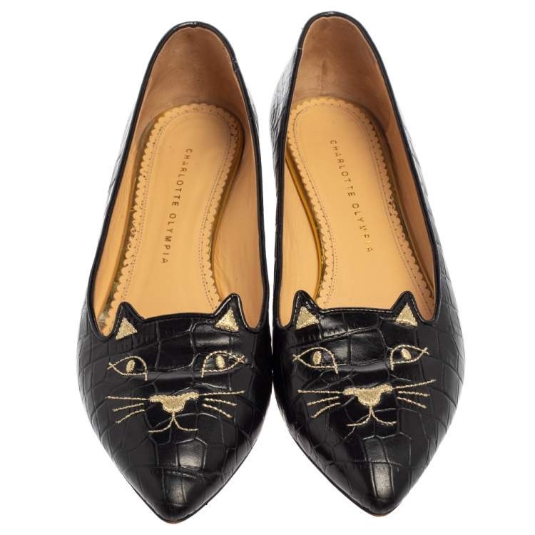 Pre Owned Charlotte Olympia Black Croc Embossed Leather Kitty Flats Size 41