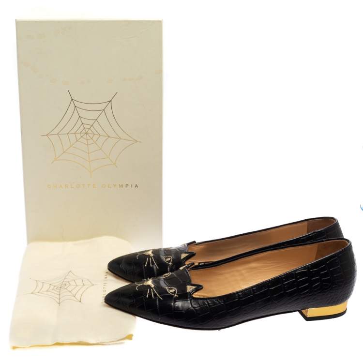 Pre Owned Charlotte Olympia Black Croc Embossed Leather Kitty Flats Size 41