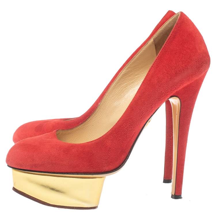 Pre Owned Charlotte Olympia Red Suede Leather Dolly Platform Pumps Size 37.5