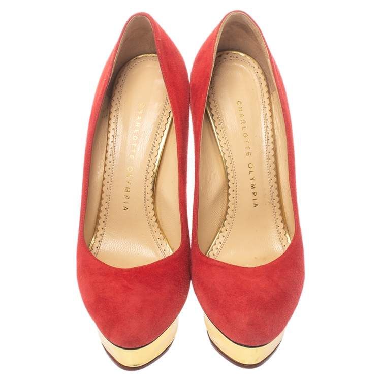 Pre Owned Charlotte Olympia Red Suede Leather Dolly Platform Pumps Size 37.5