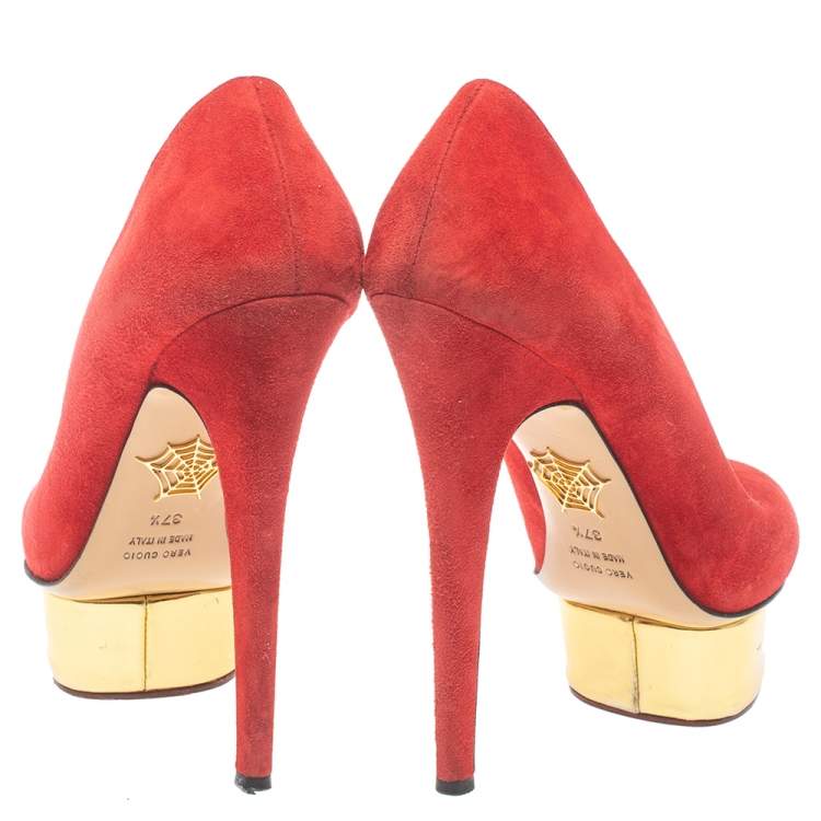 Pre Owned Charlotte Olympia Red Suede Leather Dolly Platform Pumps Size 37.5