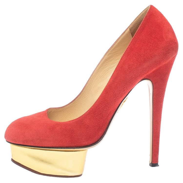 Pre Owned Charlotte Olympia Red Suede Leather Dolly Platform Pumps Size 37.5