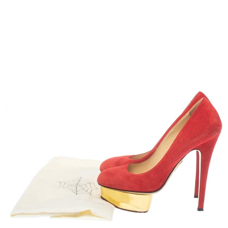 Pre Owned Charlotte Olympia Red Suede Leather Dolly Platform Pumps Size 37.5