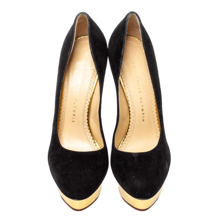 Pre Owned Charlotte Olympia Black Suede Dolly Platform Pumps Size 37
