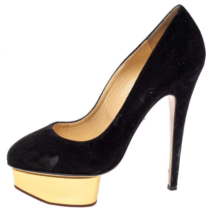 Pre Owned Charlotte Olympia Black Suede Dolly Platform Pumps Size 37