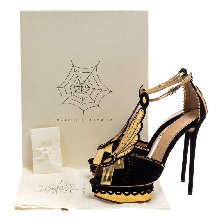 Pre Owned Charlotte Olympia Black/Gold Suede And Leather Sunset Ankle Strap Platform Sandals Size 41