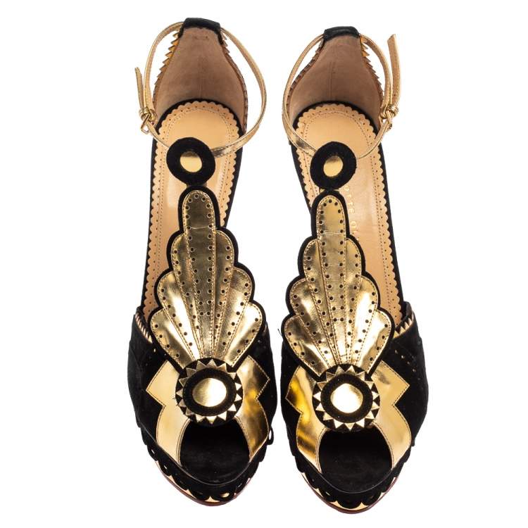 Pre Owned Charlotte Olympia Black/Gold Suede And Leather Sunset Ankle Strap Platform Sandals Size 41