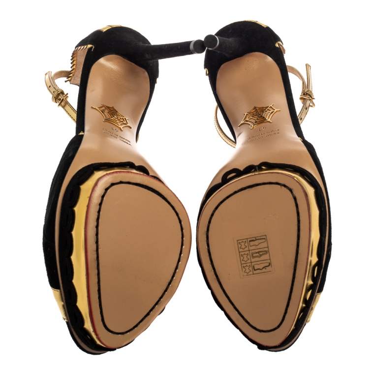 Pre Owned Charlotte Olympia Black/Gold Suede And Leather Sunset Ankle Strap Platform Sandals Size 41