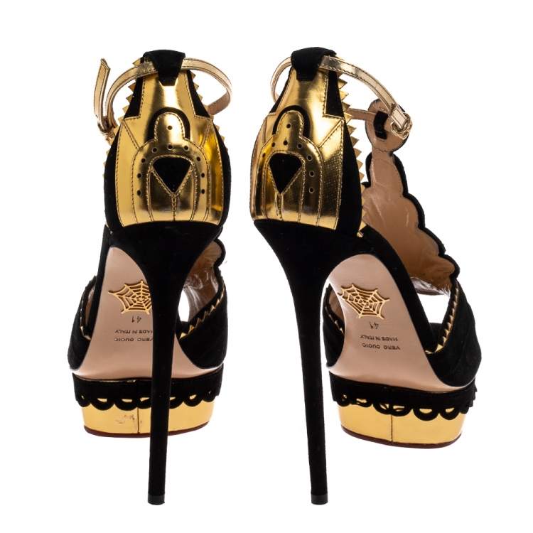 Pre Owned Charlotte Olympia Black/Gold Suede And Leather Sunset Ankle Strap Platform Sandals Size 41
