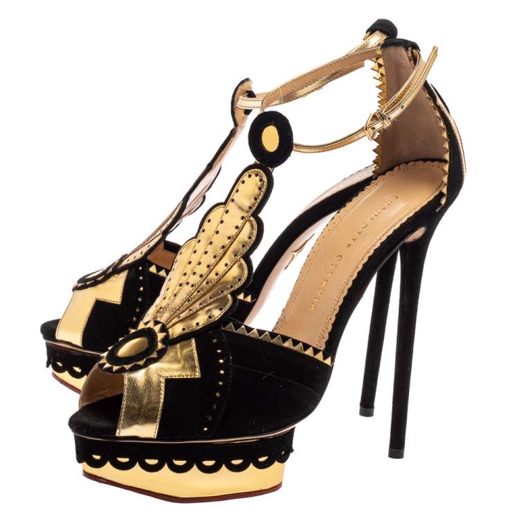 Pre Owned Charlotte Olympia Black/Gold Suede And Leather Sunset Ankle Strap Platform Sandals Size 41