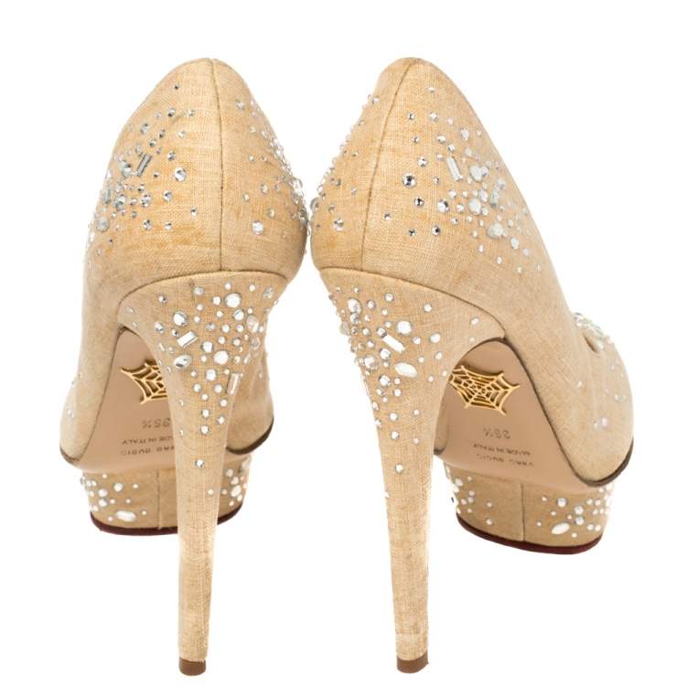 Pre Owned Charlotte Olympia Beige Canvas Crystal Embellished Dolly Platform Pumps Size 36.5