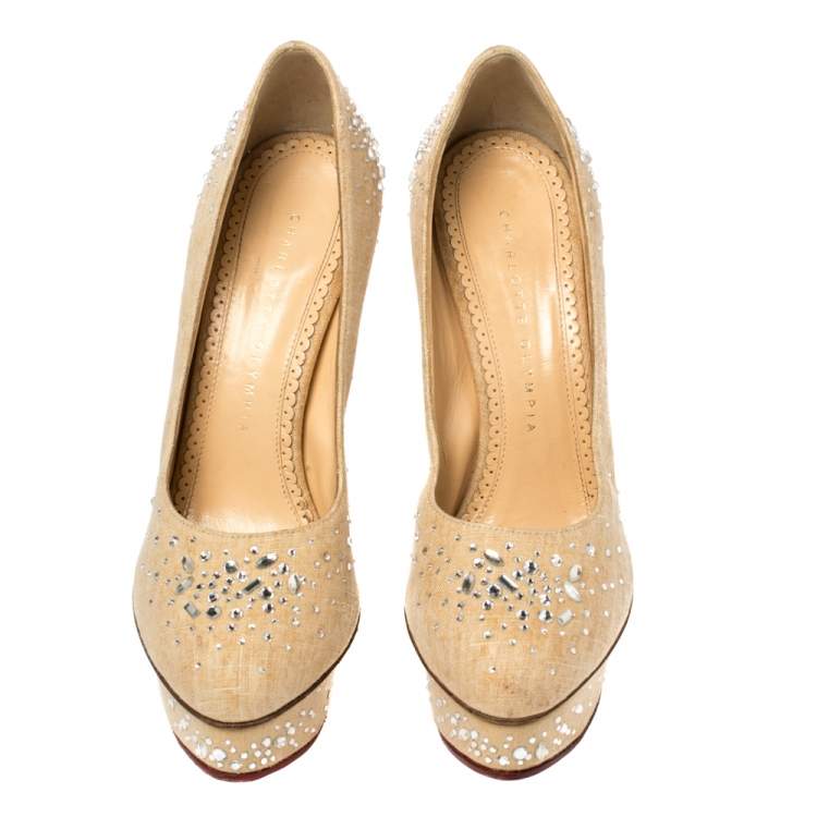 Pre Owned Charlotte Olympia Beige Canvas Crystal Embellished Dolly Platform Pumps Size 36.5