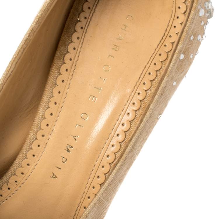 Pre Owned Charlotte Olympia Beige Canvas Crystal Embellished Dolly Platform Pumps Size 36.5
