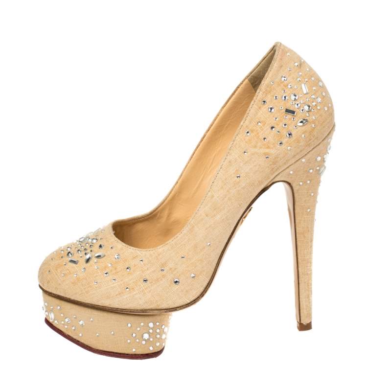 Pre Owned Charlotte Olympia Beige Canvas Crystal Embellished Dolly Platform Pumps Size 36.5