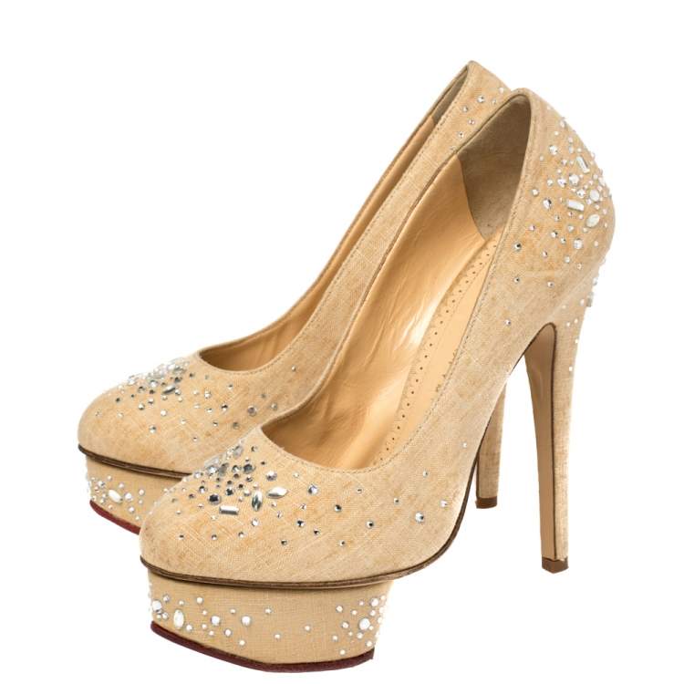 Pre Owned Charlotte Olympia Beige Canvas Crystal Embellished Dolly Platform Pumps Size 36.5