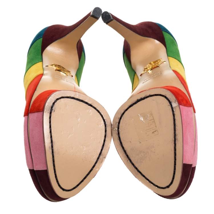 Pre Owned Charlotte Olympia Multicolor Striped Suede Priscilla Platform Pumps Size 36.5