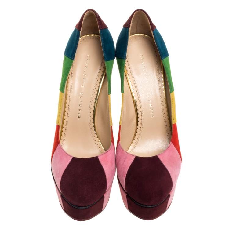 Pre Owned Charlotte Olympia Multicolor Striped Suede Priscilla Platform Pumps Size 36.5