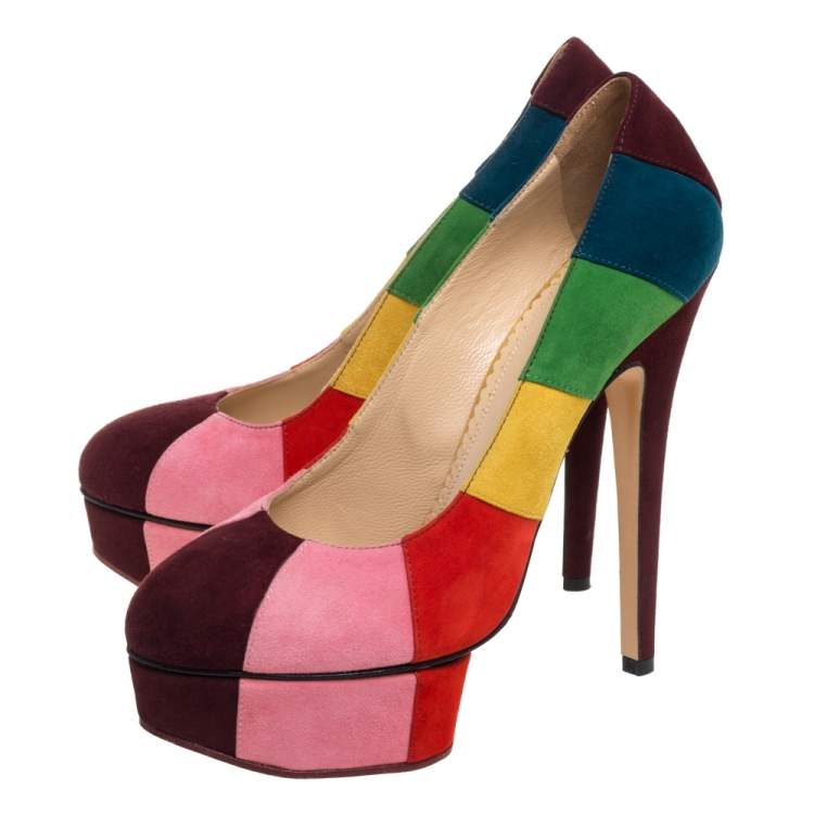 Pre Owned Charlotte Olympia Multicolor Striped Suede Priscilla Platform Pumps Size 36.5