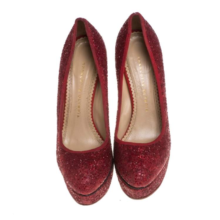 Pre Owned Charlotte Olympia Red Glitter Priscilla Platform Pumps Size 38.5