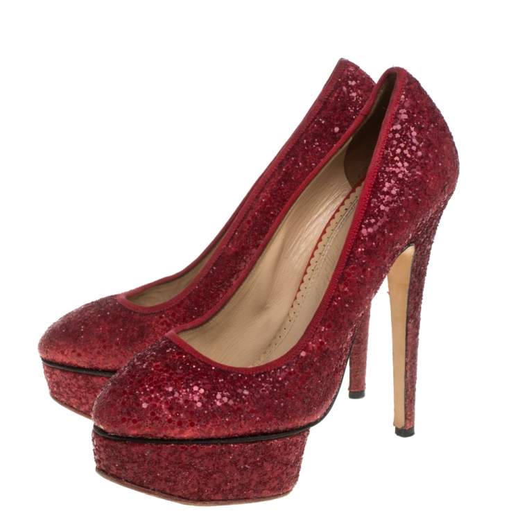 Pre Owned Charlotte Olympia Red Glitter Priscilla Platform Pumps Size 38.5