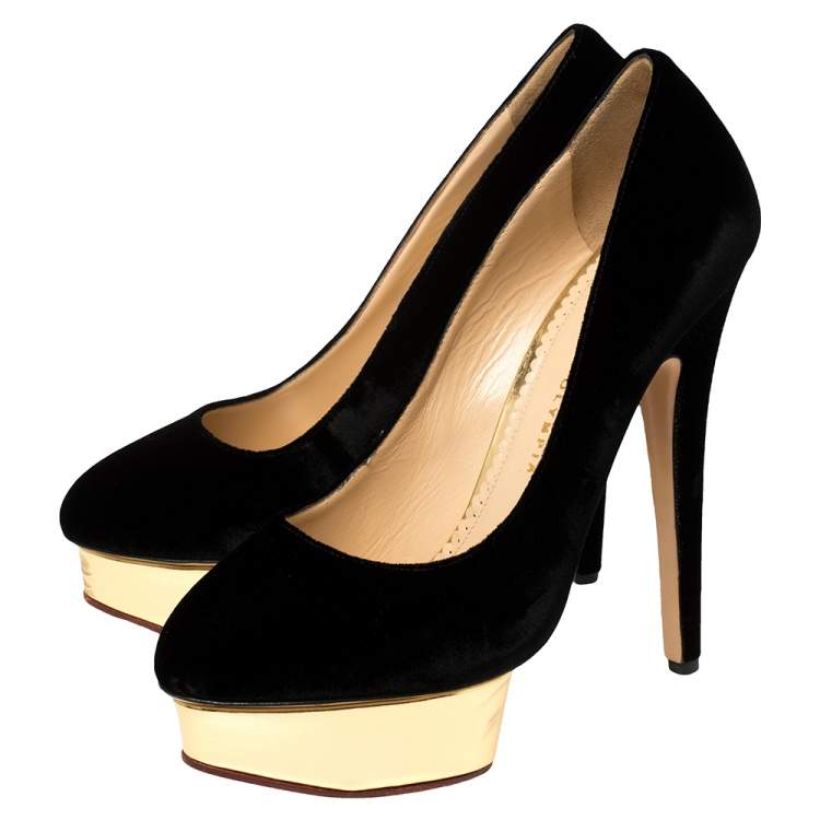 Pre Owned Charlotte Olympia Black Velvet Dolly Platform Pumps Size 40