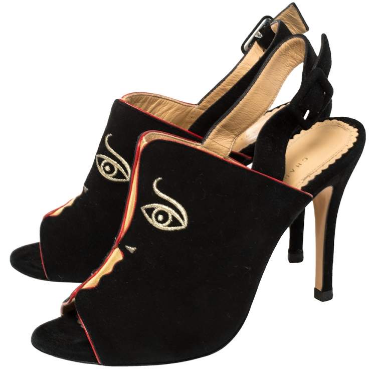 Pre Owned Charlotte Olympia Black Suede Face To Face Slingback Sandals Size 37