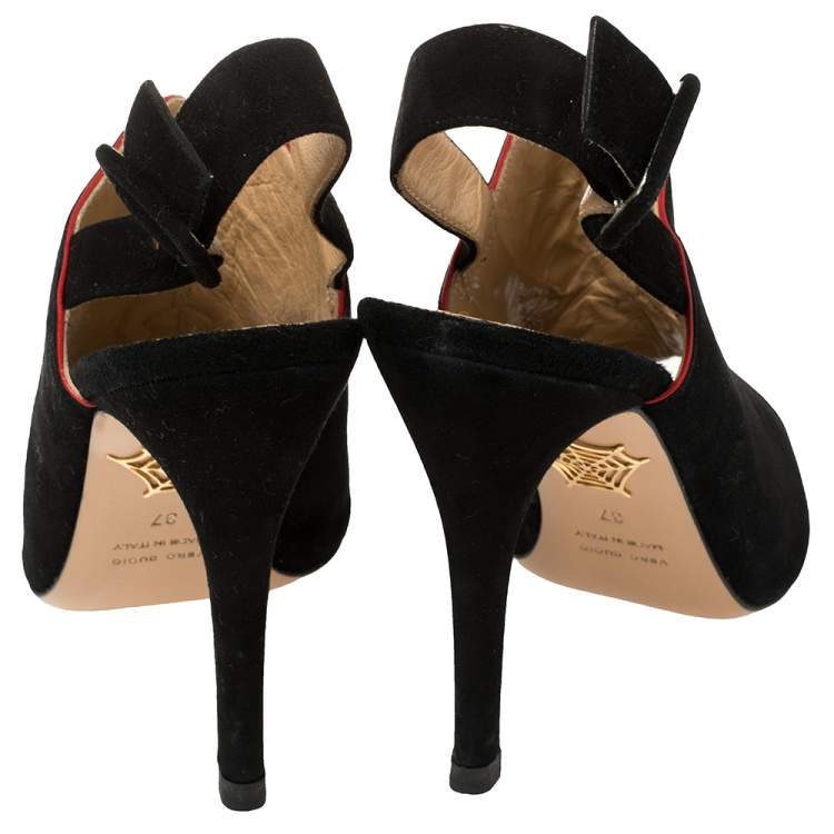 Pre Owned Charlotte Olympia Black Suede Face To Face Slingback Sandals Size 37