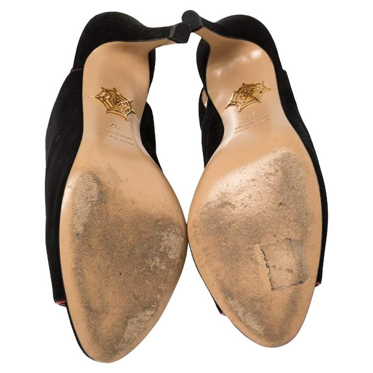Pre Owned Charlotte Olympia Black Suede Face To Face Slingback Sandals Size 37