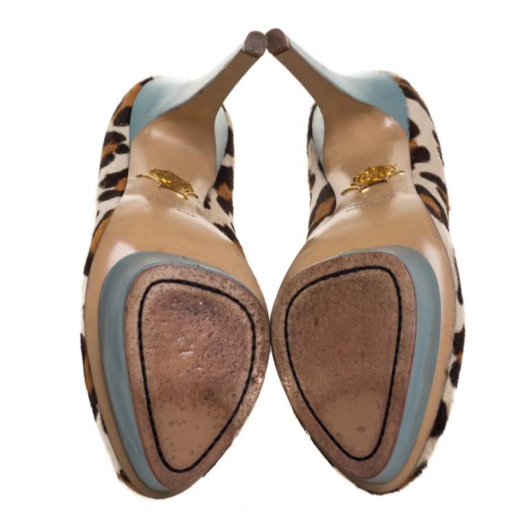 Pre Owned Charlotte Olympia Brown/Beige Leopard Print Pony Hair And Leather Pumps Size 38